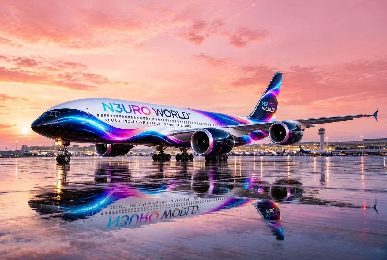 An aeroplane in N3URO WORLD® colours on a wet runway at sunset