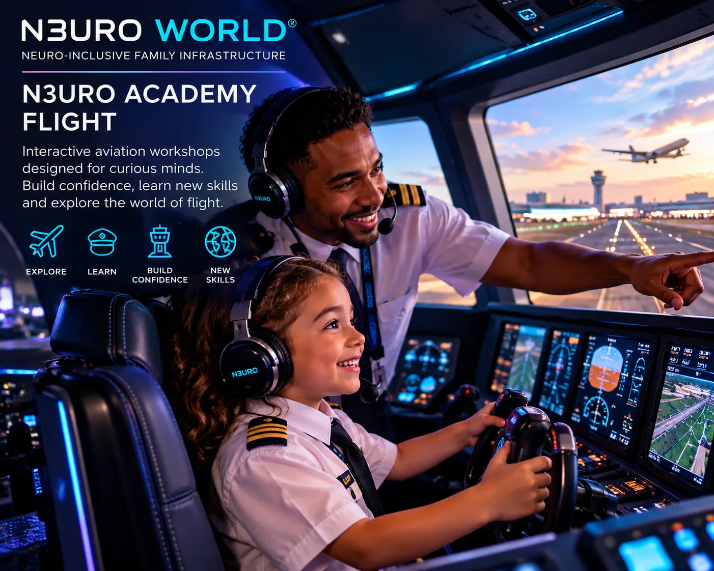 N3URO Academy Flight — a pilot guides a young learner in a flight simulator cockpit