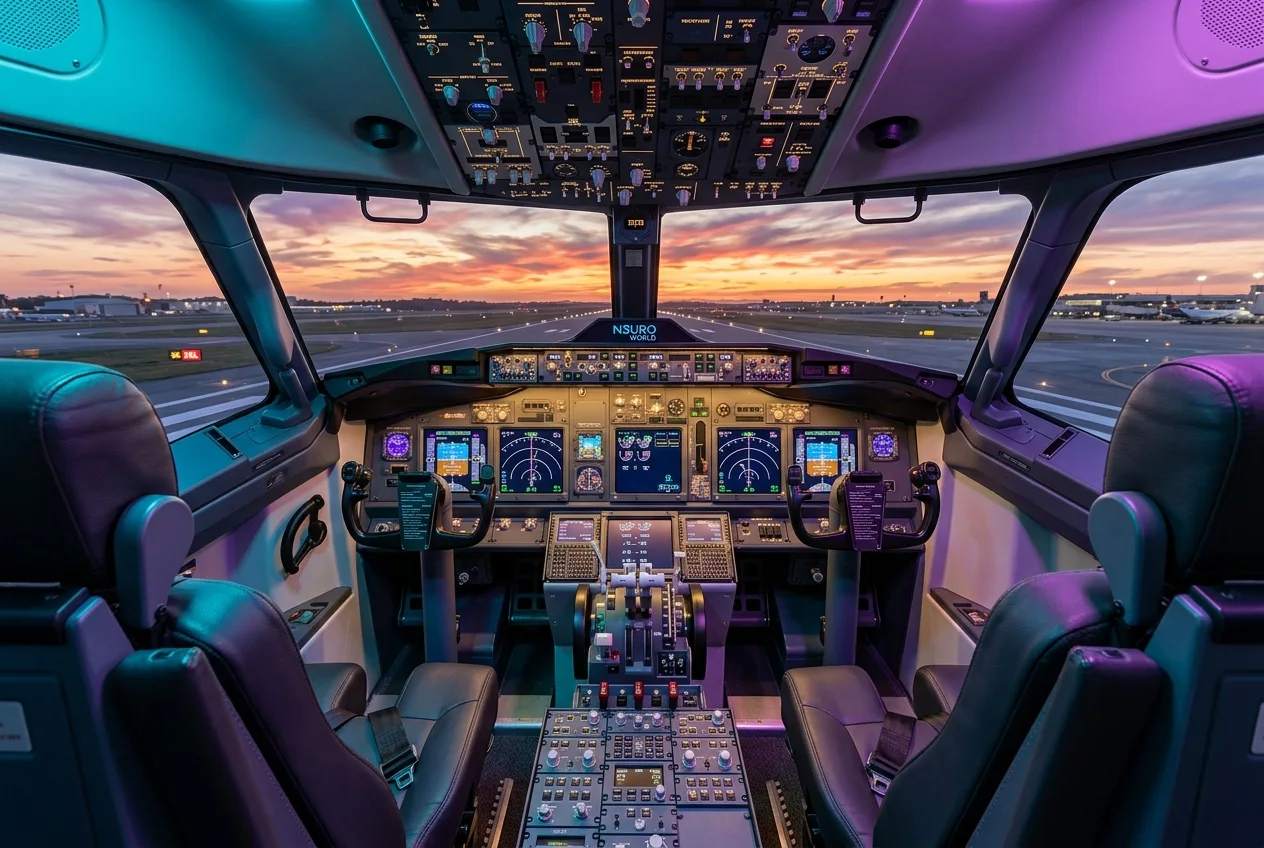A calm flight simulator cockpit with glowing screens and a sunset runway ahead