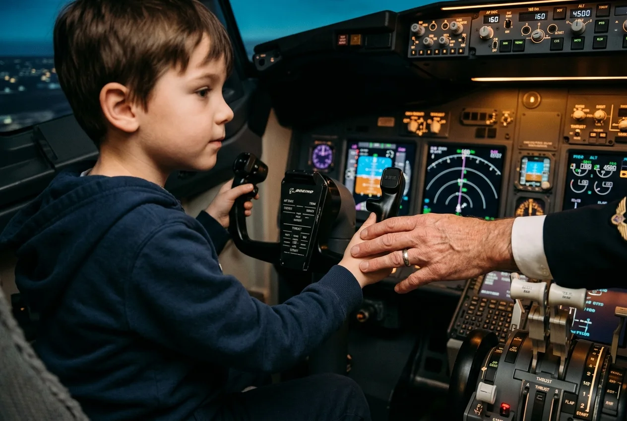 A child holds the control yoke while an instructor gently guides