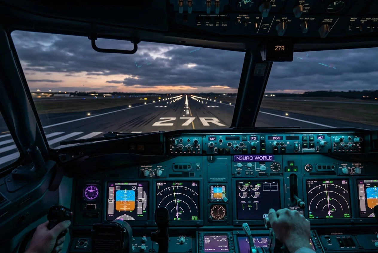 View from the pilot seat towards a lit runway at dusk