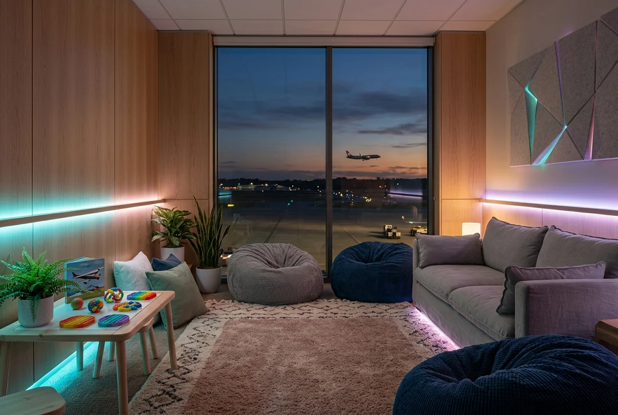 A quiet lounge with soft lighting, bean bags, a sofa and fidget toys, looking out onto a runway at dusk