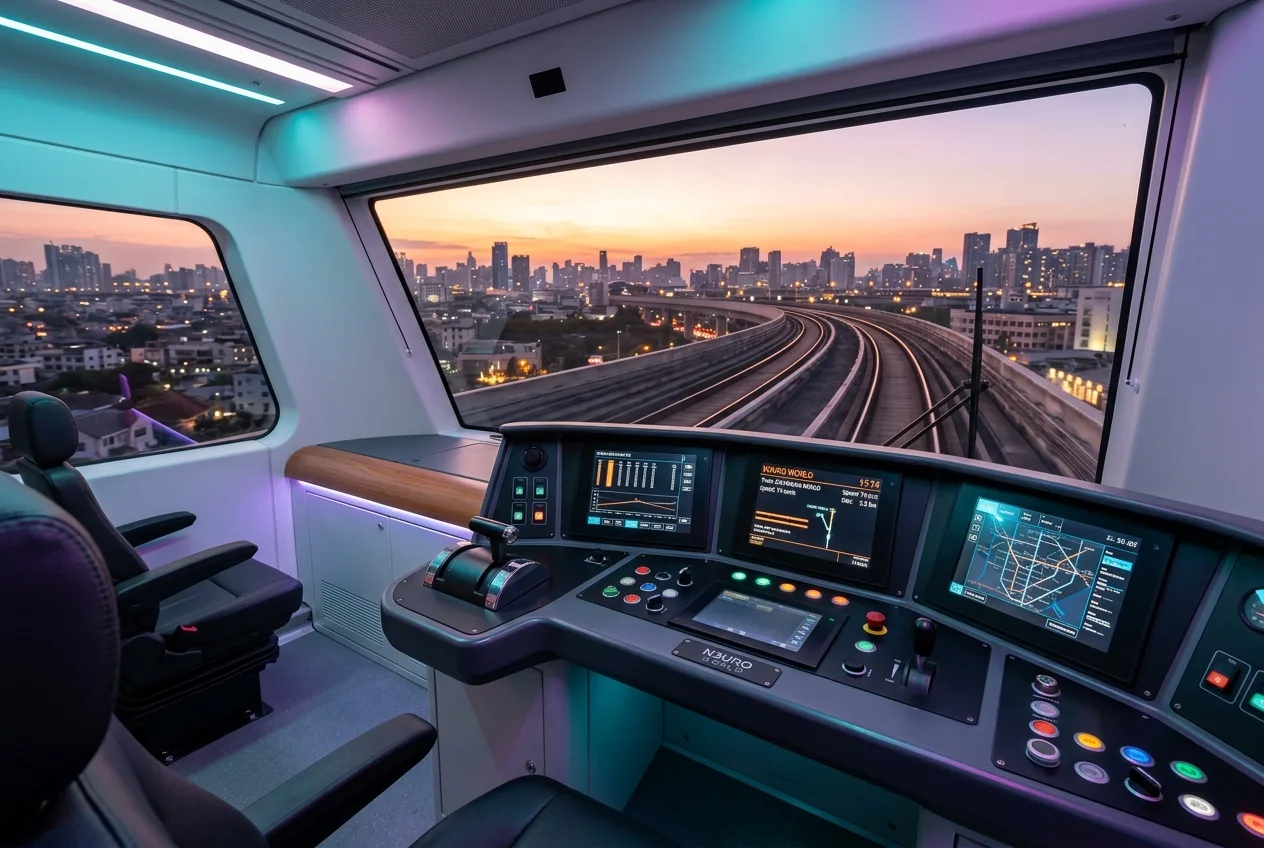 A calm train cab simulator with driver screens and tracks curving into a city at sunset