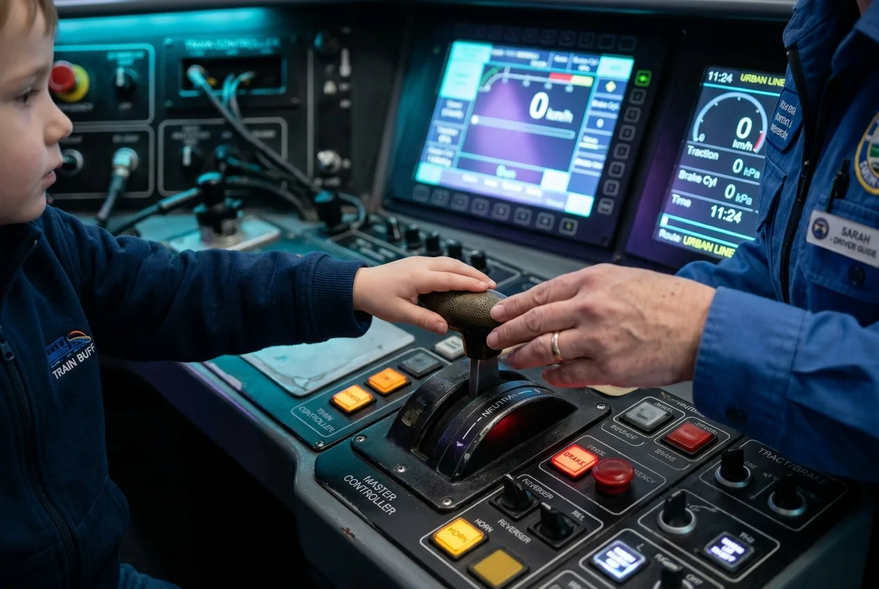 A child's hand on the train power lever with a rail guide helping