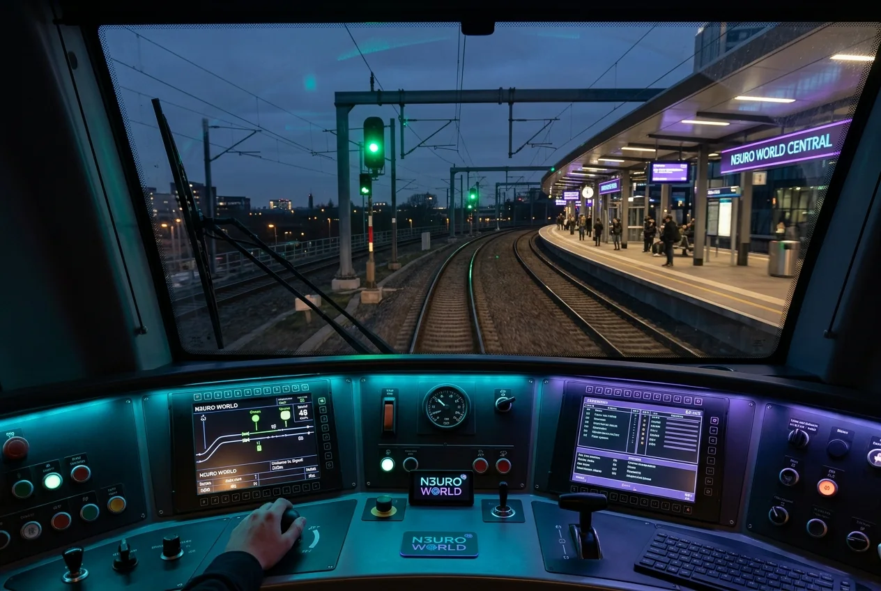View from the driver's seat approaching a station with green signals at dusk