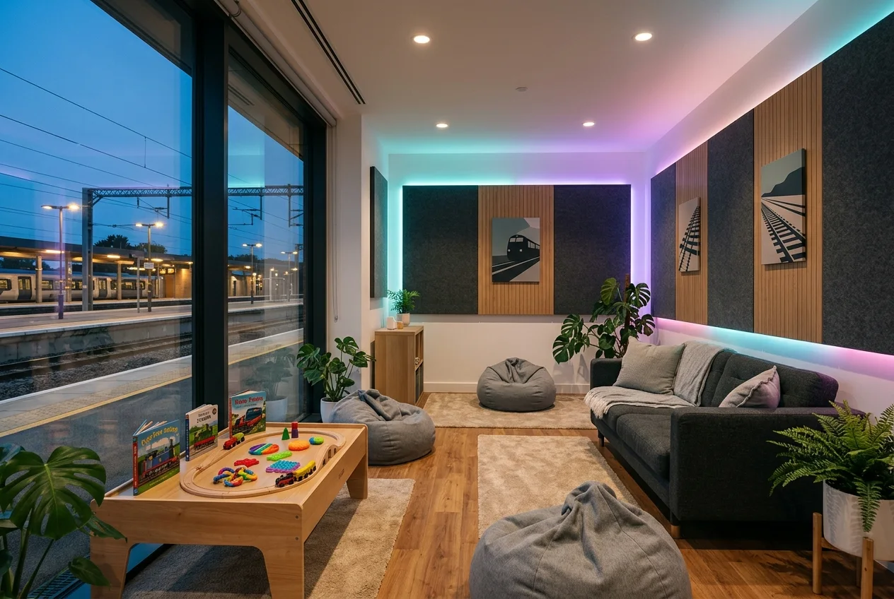 A quiet lounge with soft lighting, bean bags, a sofa and a toy train table, looking out onto a station platform at dusk