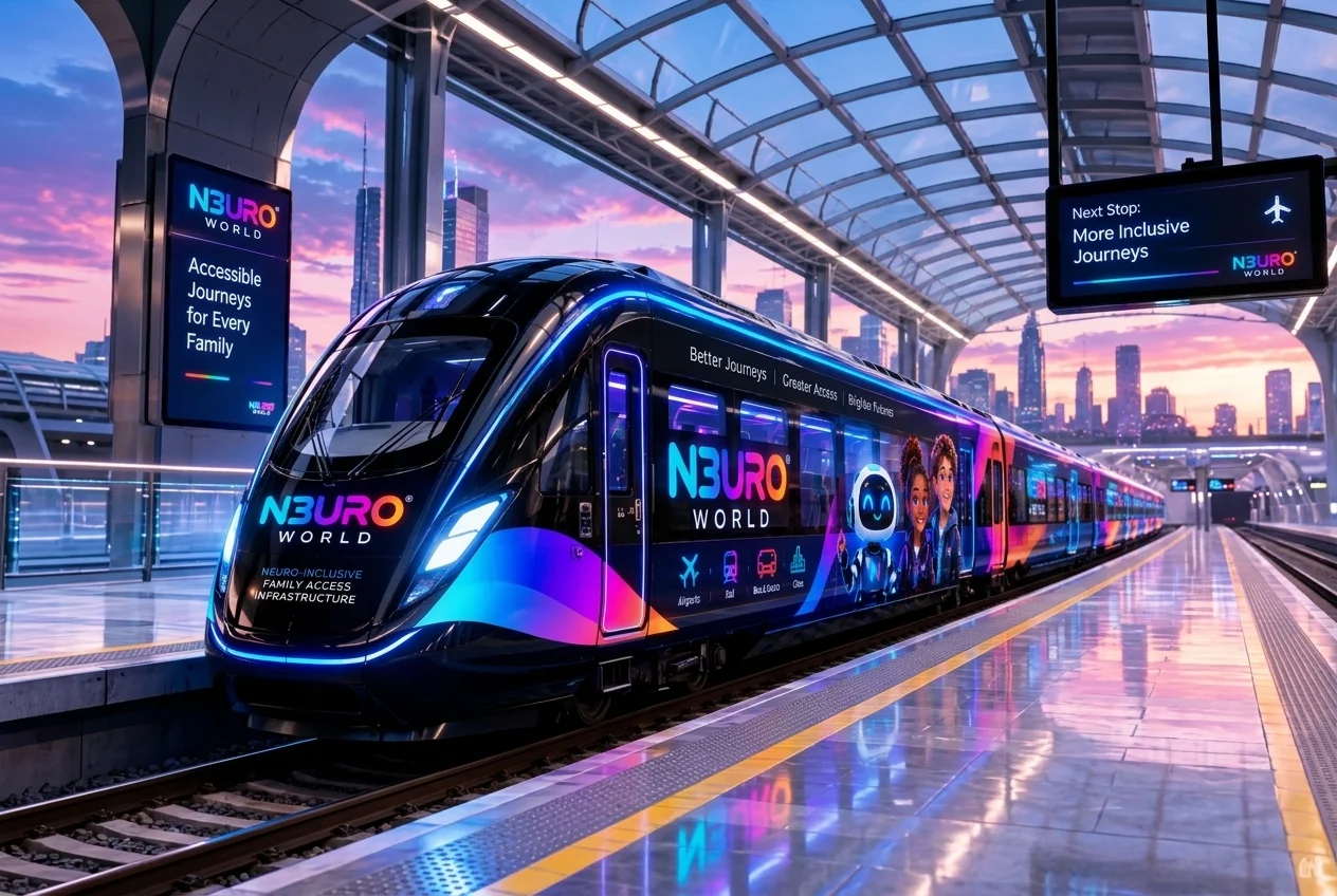 A modern train in N3URO WORLD® colours at a platform, with signs reading Accessible Journeys for Every Family