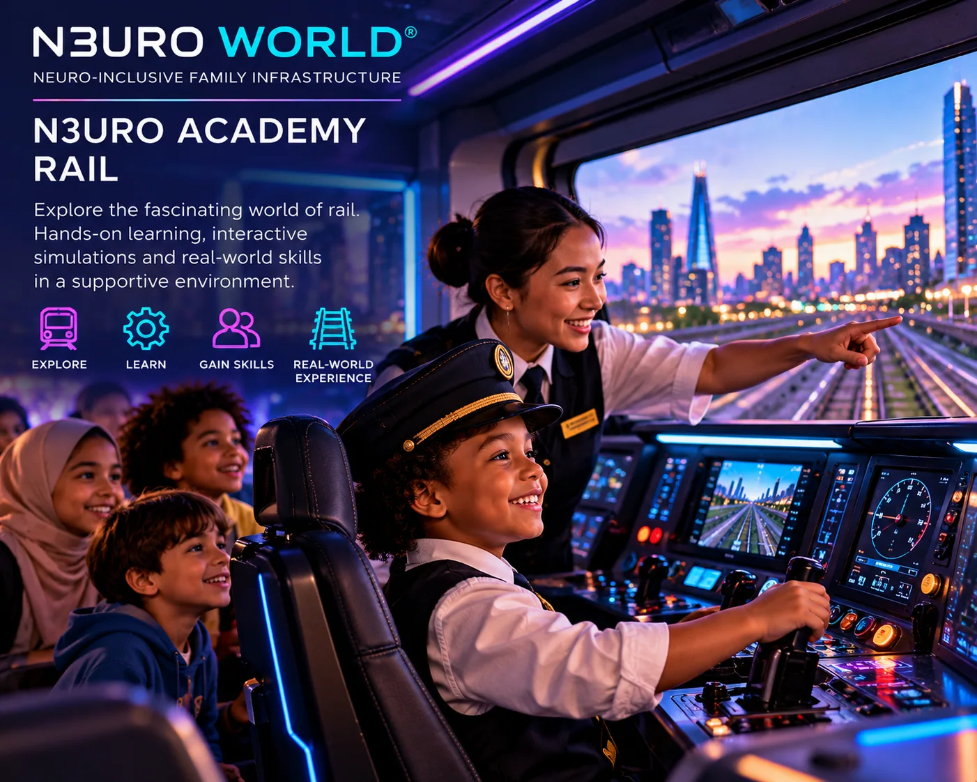 N3URO Academy Rail — children explore a train driver simulator with a rail guide
