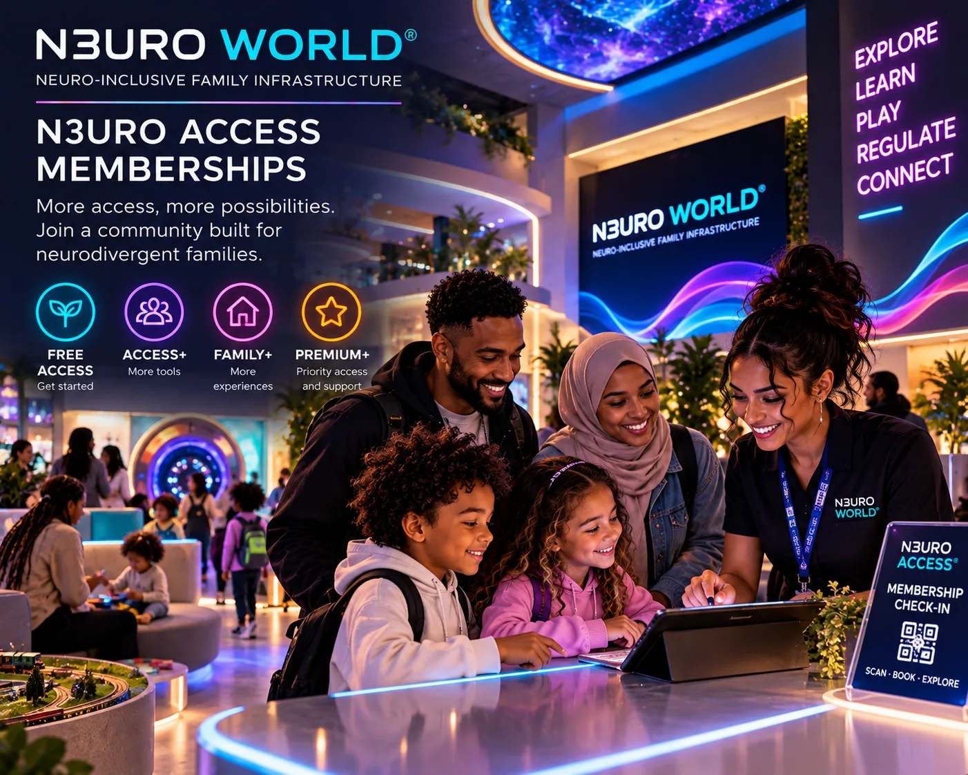 N3URO Access Memberships — a family checks in with an N3URO team member