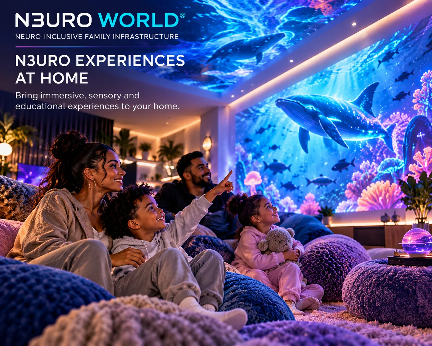 N3URO Experiences at Home — a family watches an immersive ocean projection in their living room