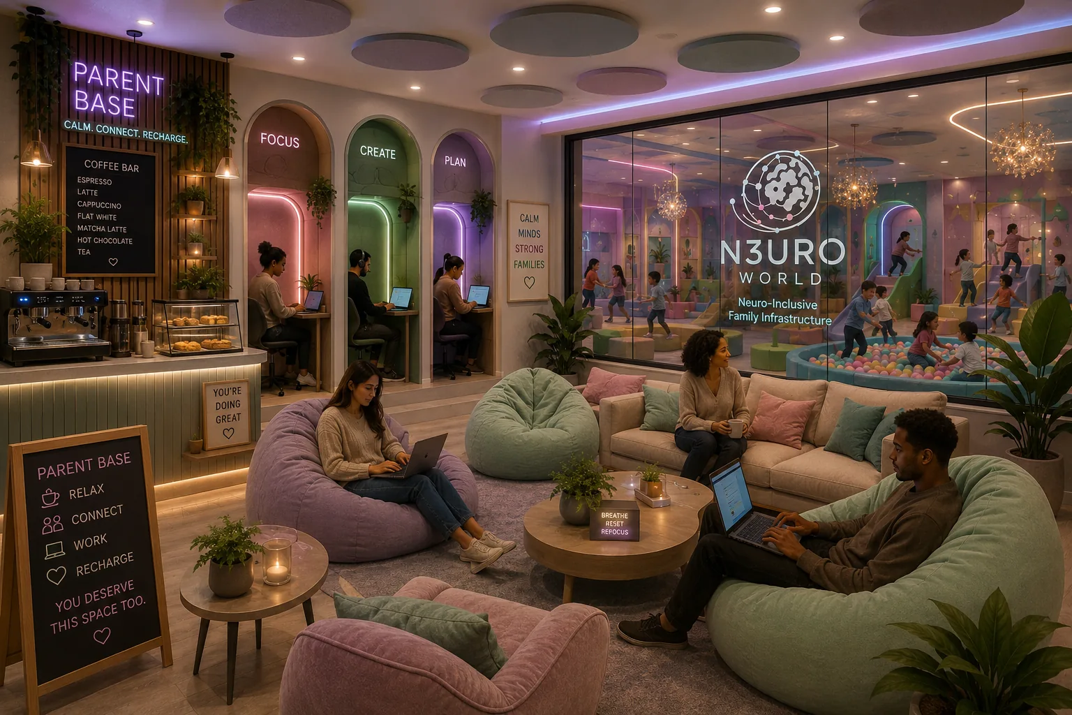 N3URO WORLD® Parent Base — neuro-inclusive family infrastructure with a calm parent café, work pods and colourful play experiences behind glass